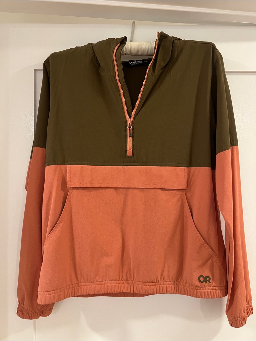 Outdoor Research Women’s Olive & Coral Two-Tone Rain Anorak